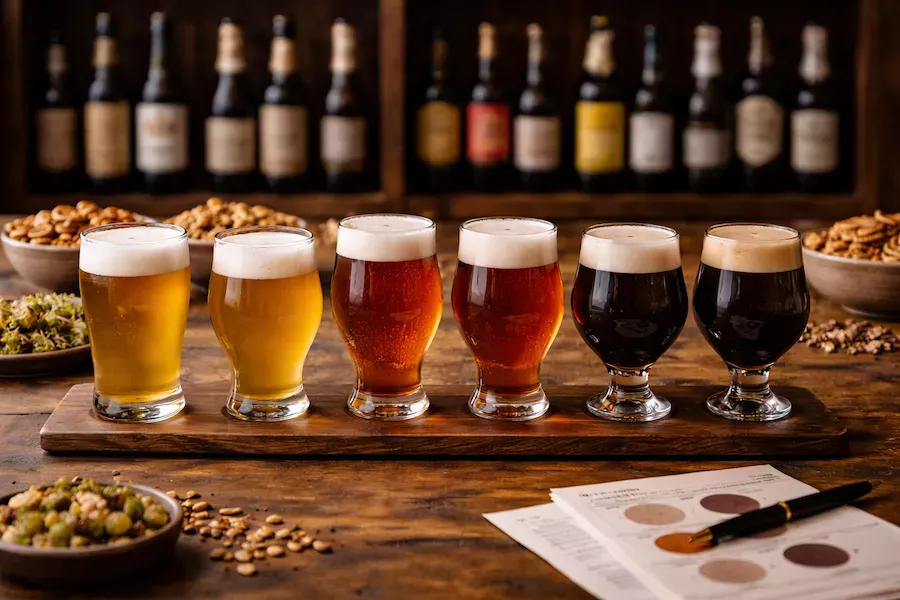 olprovning-oltyper-provningsglas Ölprovning med olika öltyper i provningsglas – från ljus lager till mörk stout uppställda på rad med smaktillbehör och